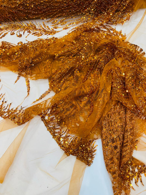 Burnt Orange Feathers damask embroider and heavy beaded on a mesh lace fabric- Sold by the yard