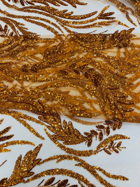 Burnt Orange Luxury Festival Beaded Vine Lace Fabric, Sold by The Yard.