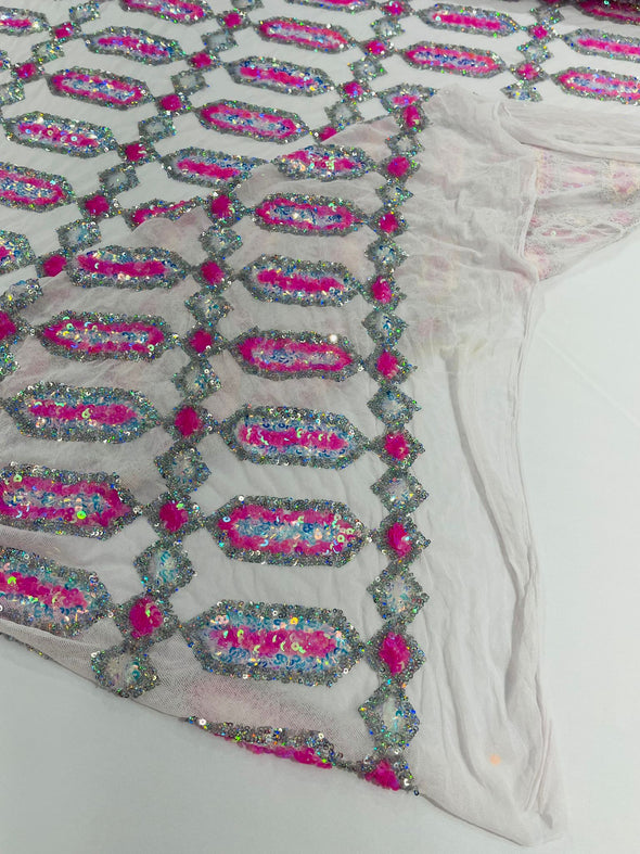 Candy Pink Silver Multi Color Iridescent Jewel Sequin Design On a 4 Way Stretch White Mesh Fabric - Sold By The Yard