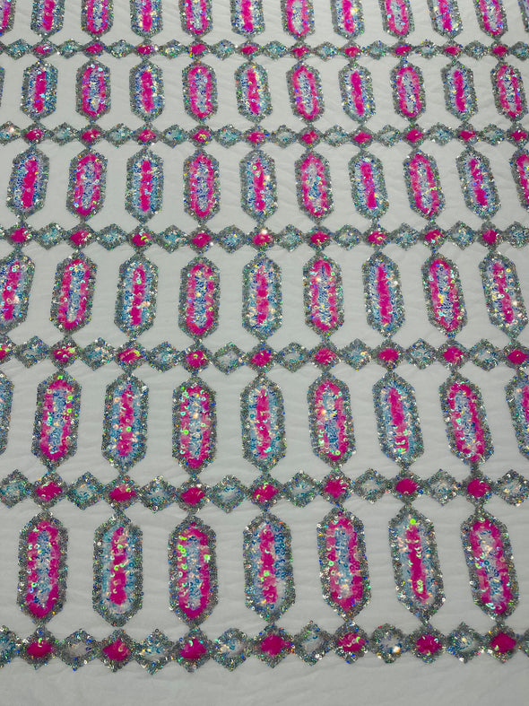 Candy Pink Silver Multi Color Iridescent Jewel Sequin Design On a 4 Way Stretch White Mesh Fabric - Sold By The Yard
