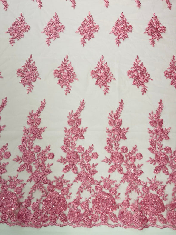 Candy Pink  Floral design embroider and beaded on a mesh lace fabric-Wedding/Bridal/Prom/Nightgown fabric.