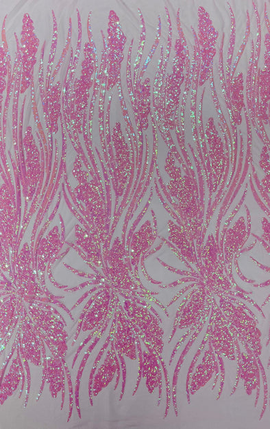 Candy Pink Iridescent Feather damask shiny sequin design on a 4 way stretch mesh Fabric-prom-Sold by the yard