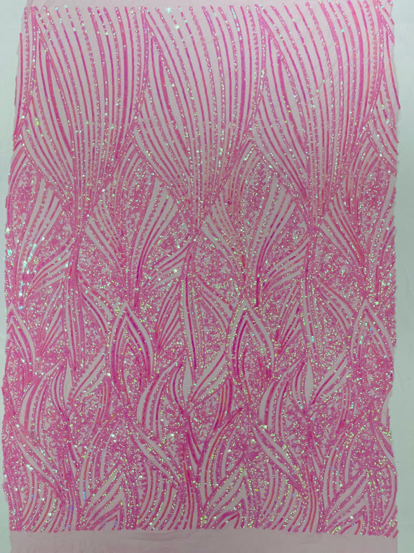 Candy Pink Iridescent Shiny Geometric Feather wing shiny sequin design on a 4 way stretch mesh Fabric-prom-sold by the yard.