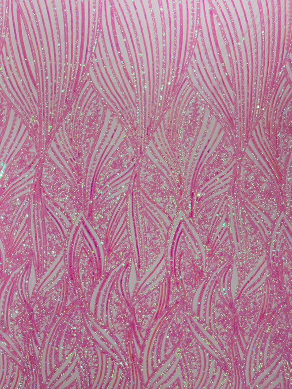 Candy Pink Iridescent Shiny Geometric Feather wing shiny sequin design on a 4 way stretch mesh Fabric-prom-sold by the yard.