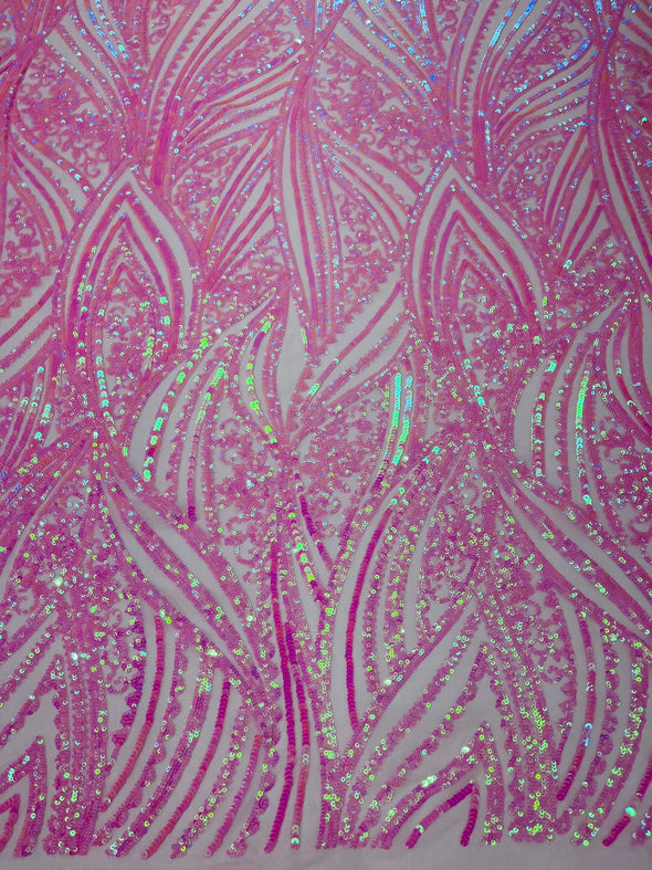 Candy Pink Iridescent Shiny Geometric Feather wing shiny sequin design on a 4 way stretch mesh Fabric-prom-sold by the yard.