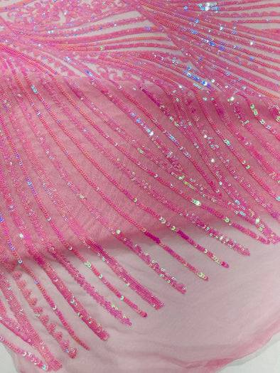 Candy Pink Iridescent Shiny Geometric Feather wing shiny sequin design on a 4 way stretch mesh Fabric-prom-sold by the yard.