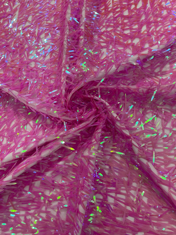 Candy Pink Iridescent Sword Sequins Fabric/Big Sequins Fabric On Pink Mesh/54 Inches Wide.