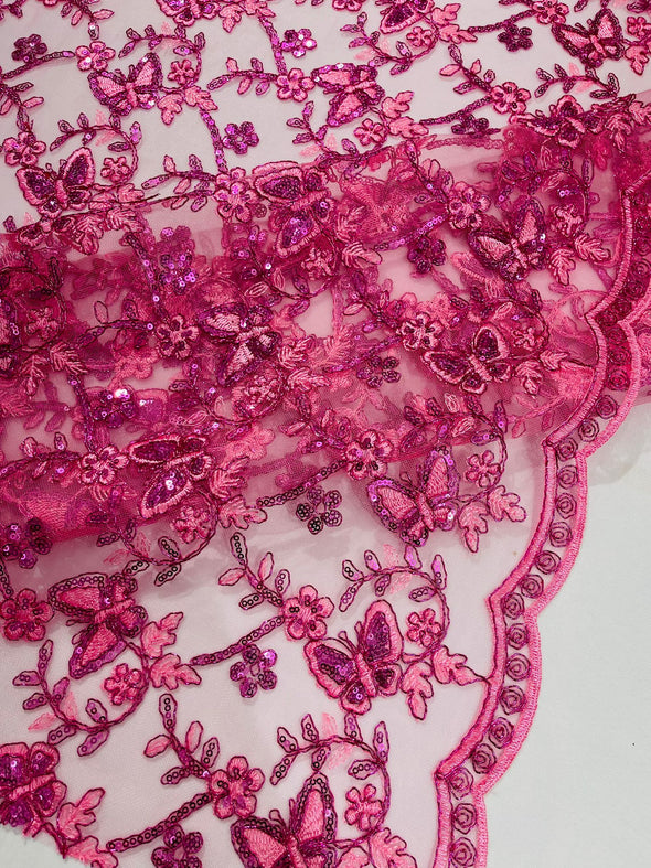 Candy Pink Corded Lace/Small Butterfly Design Embroidered with Sequin on a Mesh Lace Fabric.