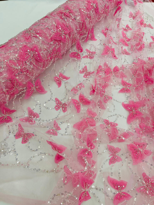 Candy Pink 3D Butterfly Design Embroider and Beaded on a Mesh Lace-Prom-Sold by yard.