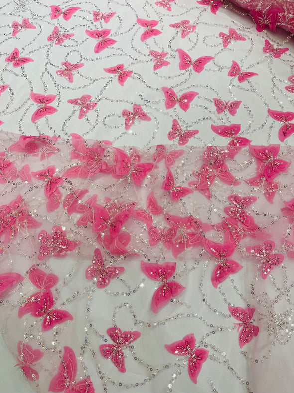 Candy Pink 3D Butterfly Design Embroider and Beaded on a Mesh Lace-Prom-Sold by yard.