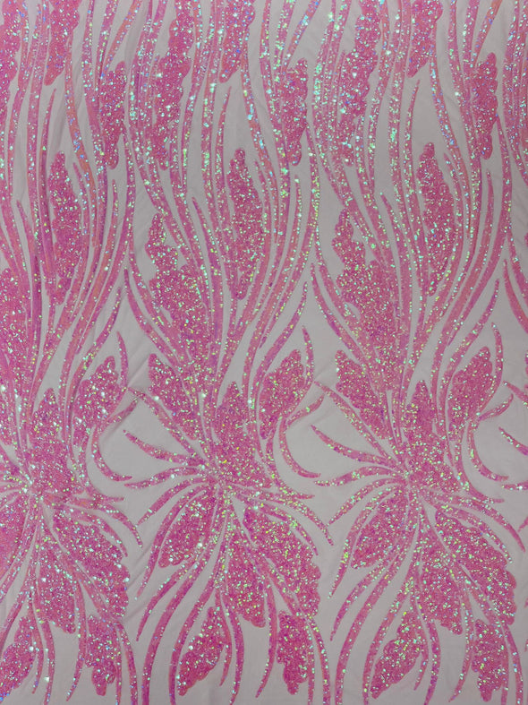 Feather damask shiny sequin design on a 4 way stretch mesh Fabric-prom-Sold by the yard