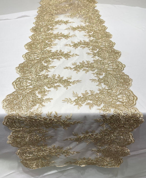14"Wide Sequins Metallic Embroidered Lace on Mesh Fabric, Trim Lace, Table Runner. Sold By The Yard