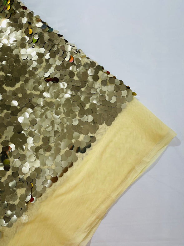 Champagne-Gold Round Sequin Paillette On Beige Mesh Fabric/ 54 Inches Wide/Cosplays Fabric/Prom/Backdrops
