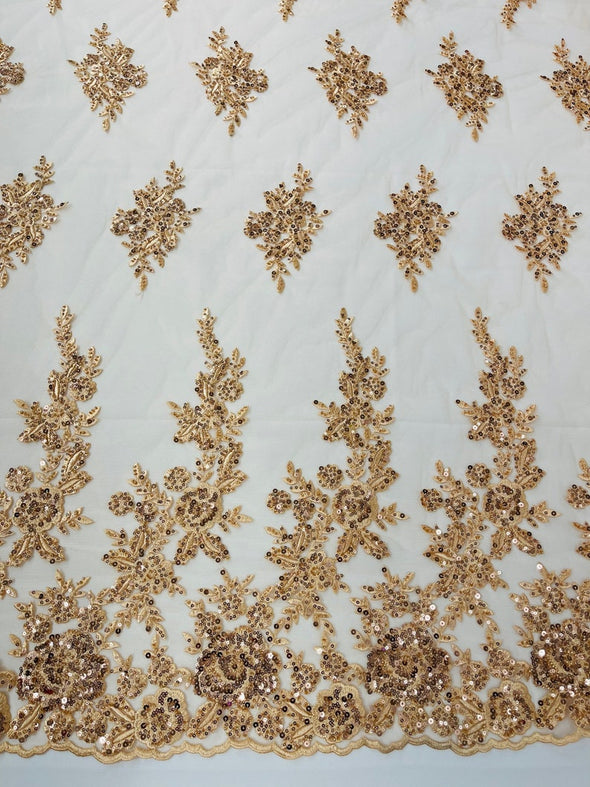 Champagne Floral design embroider and beaded on a mesh lace fabric-Wedding/Bridal/Prom/Nightgown fabric.