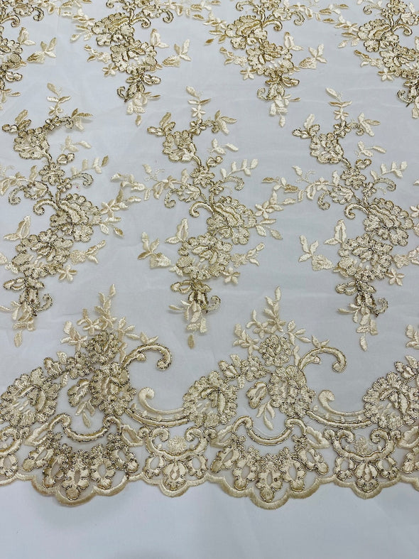 Champagne Bloom corded lace and embroider with sequins on a mesh -Sold by the yard