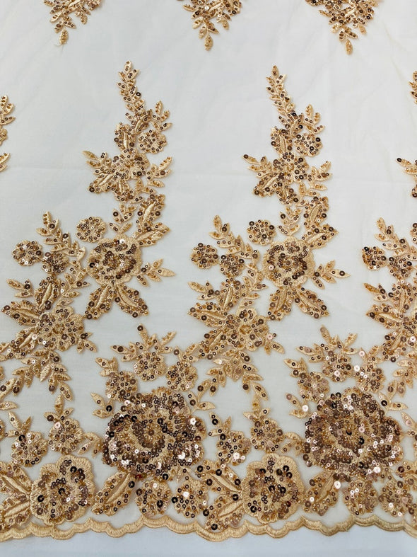 Champagne Floral design embroider and beaded on a mesh lace fabric-Wedding/Bridal/Prom/Nightgown fabric.
