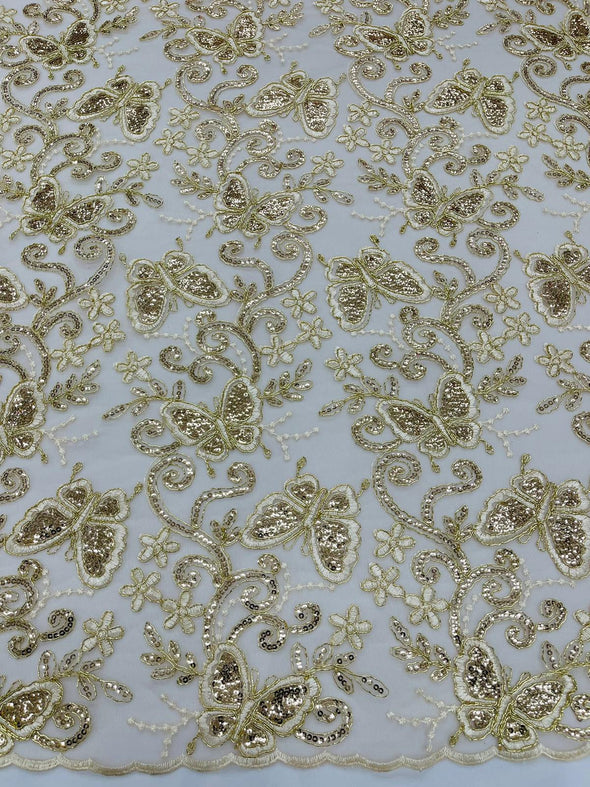 Champagne Metallic Corded Lace/ Butterfly Design Embroidered With Sequin on a Mesh Lace Fabric