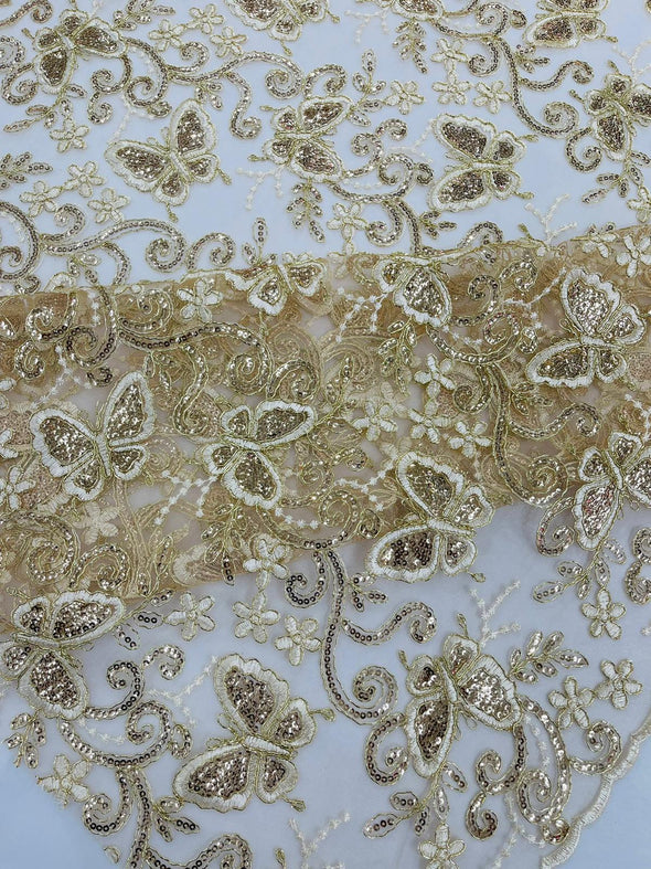Champagne Metallic Corded Lace/ Butterfly Design Embroidered With Sequin on a Mesh Lace Fabric