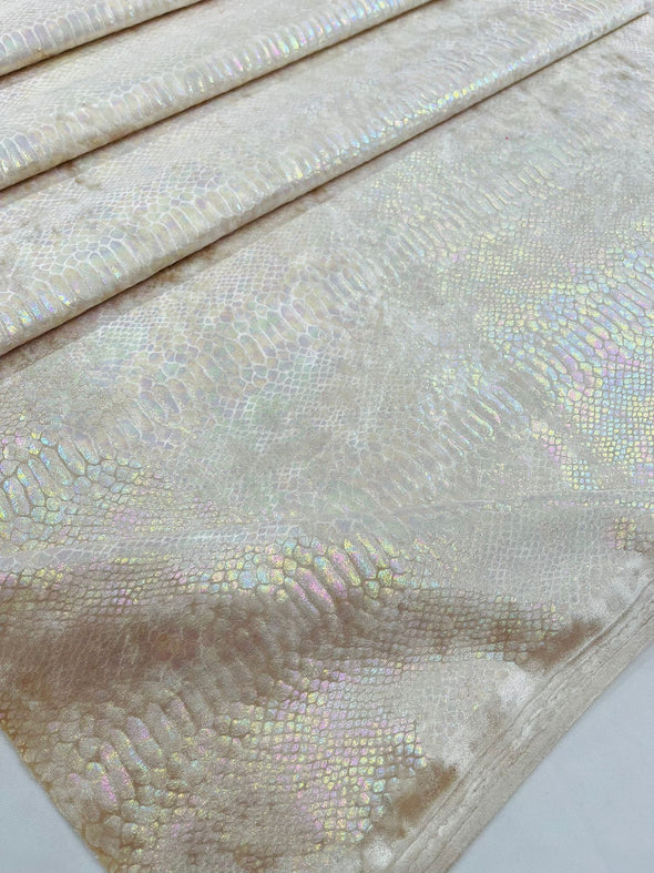 Champagne Iridescent Illusion foil Snake design on a stretch velvet fabric- Sold by the yard