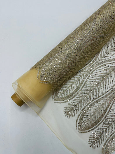 Champagne Glitter Feather Damask Design On A Mesh Lace Fabric/Prom.