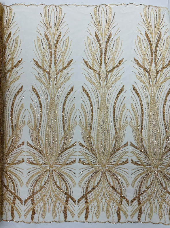 Palm Beaded Damask Design Fabric, Sold by The Yard.