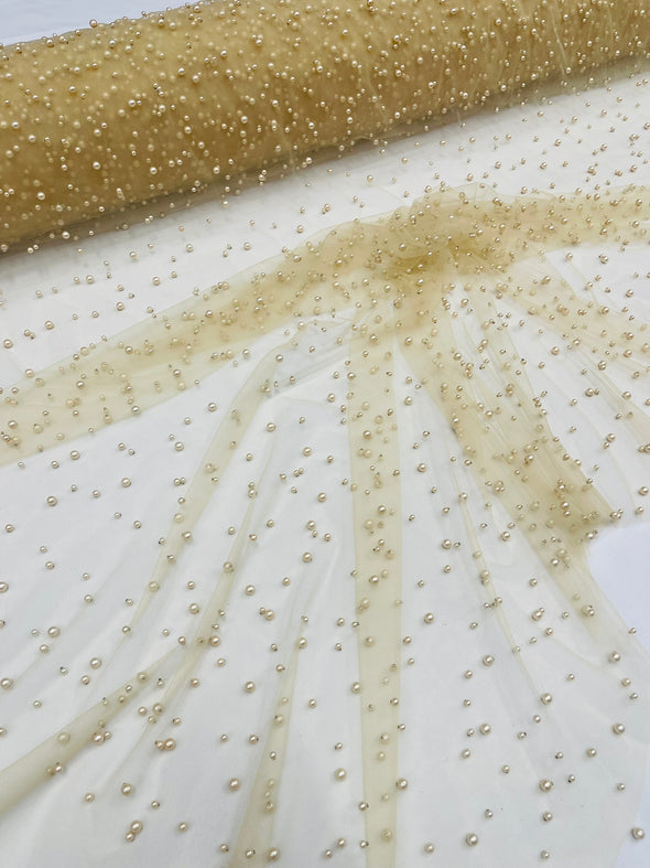 Heavy Scattered Pearls Studded Mesh, 2-Way Stretch, Sold By The Yard.