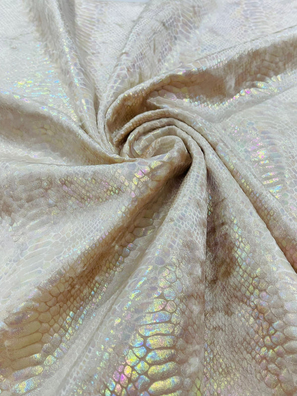 Champagne Iridescent Illusion foil Snake design on a stretch velvet fabric- Sold by the yard