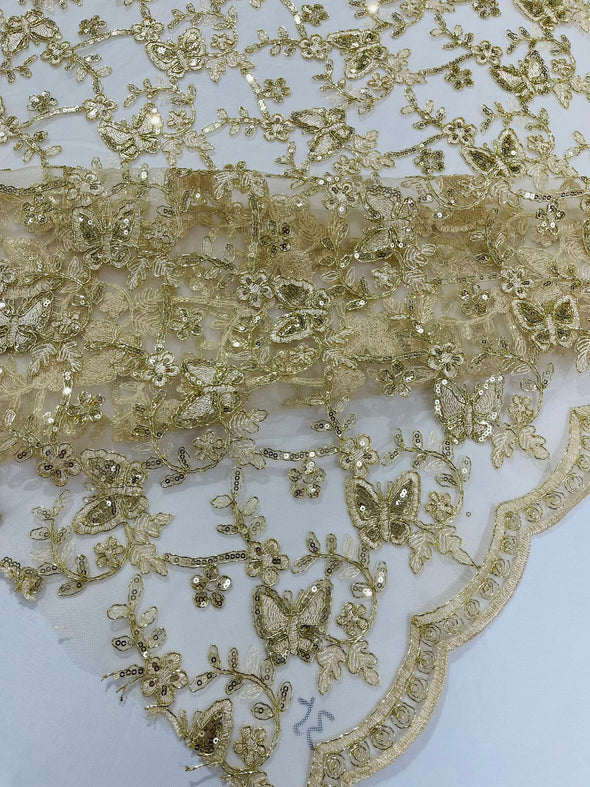 Champagne Corded Lace/Small Butterfly Design Embroidered with Sequin on a Mesh Lace Fabric.