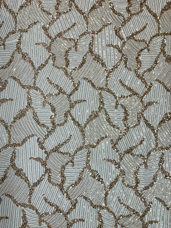 Champagne Leaf Embroider and Heavy Beaded on a Mesh Lace Fabric-Wedding-Prom-Sold by the yard