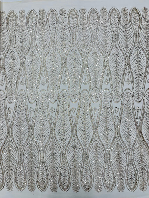 Champagne Glitter Feather Damask Design On A Mesh Lace Fabric/Prom.