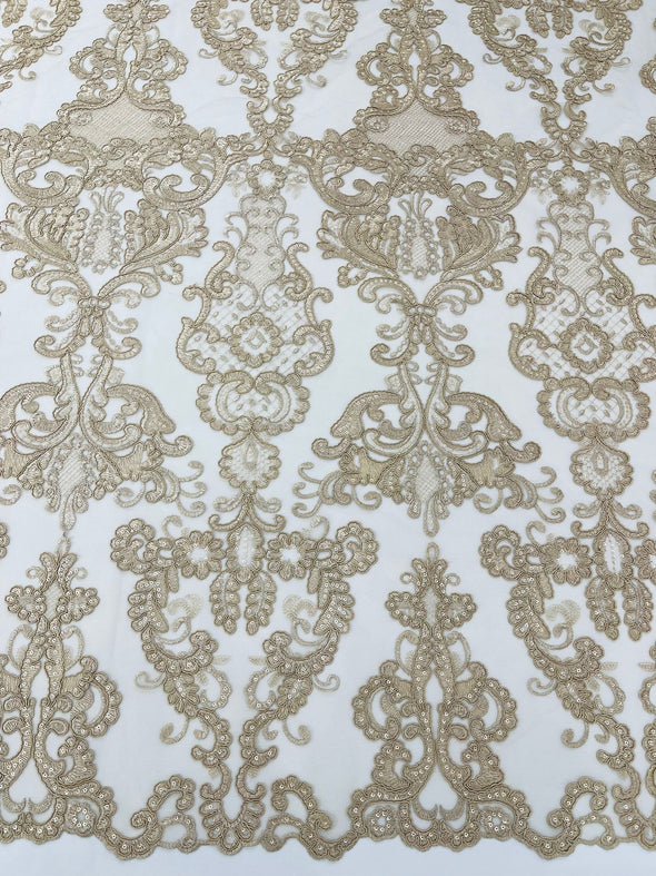 Champagne Embroidery Damask Design With Sequins On A Mesh Lace Fabric/Prom/Wedding