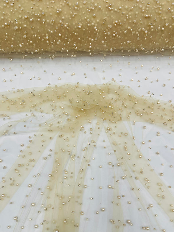 Heavy Scattered Pearls Studded Mesh, 2-Way Stretch, Sold By The Yard.