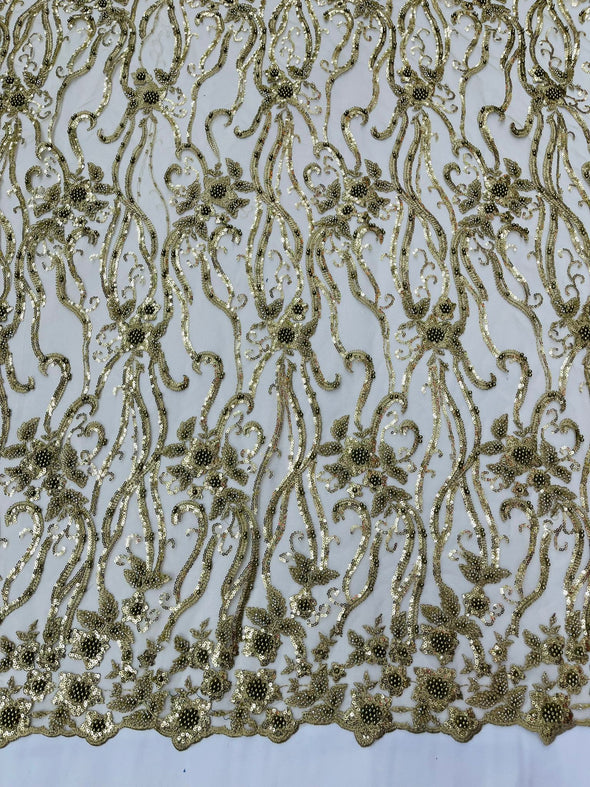 Champagne Vine Floral Beaded Lace Sequin Embroider lace Sold By The Yard.
