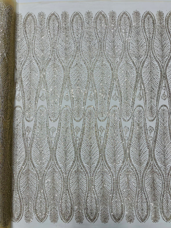 Champagne Glitter Feather Damask Design On A Mesh Lace Fabric/Prom.