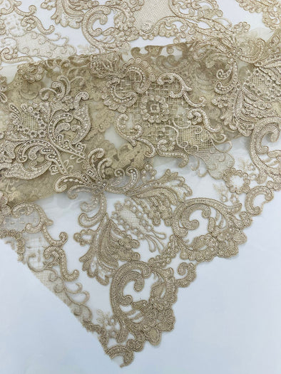 Champagne Embroidery Damask Design With Sequins On A Mesh Lace Fabric/Prom/Wedding