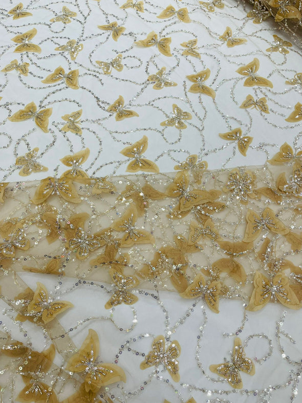 Champagne 3D Butterfly Design Embroider and Beaded on a Mesh Lace-Prom-Sold by yard.