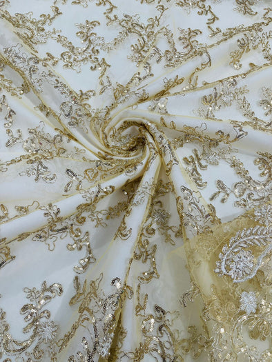 Champagne Flower lace corded and embroider with sequins on a mesh- Sold by the yard