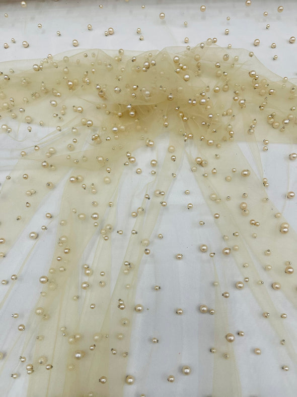 Heavy Scattered Pearls Studded Mesh, 2-Way Stretch, Sold By The Yard.