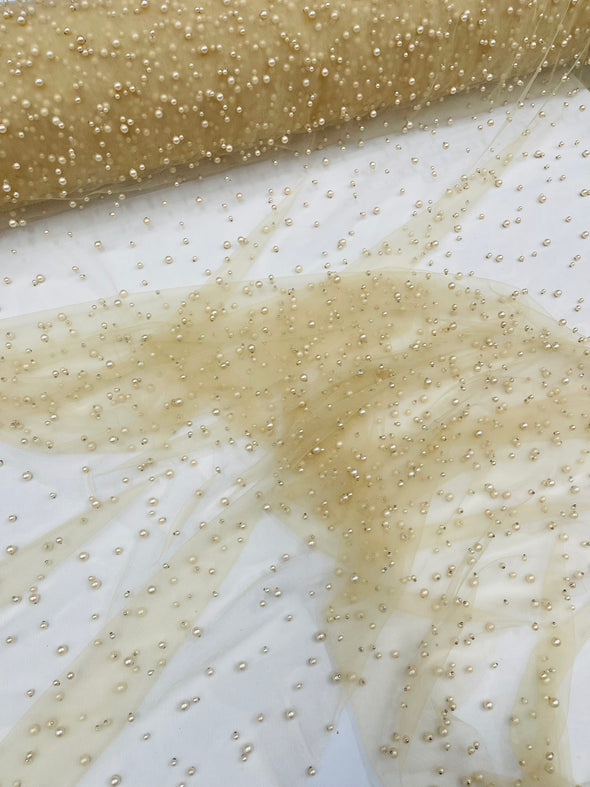 Heavy Scattered Pearls Studded Mesh, 2-Way Stretch, Sold By The Yard.