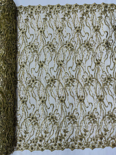 Champagne Vine Floral Beaded Lace Sequin Embroider lace Sold By The Yard.