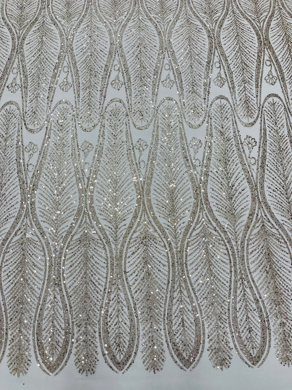 Champagne Glitter Feather Damask Design On A Mesh Lace Fabric/Prom.