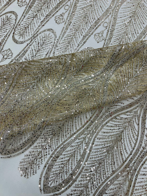 Champagne Glitter Feather Damask Design On A Mesh Lace Fabric/Prom.