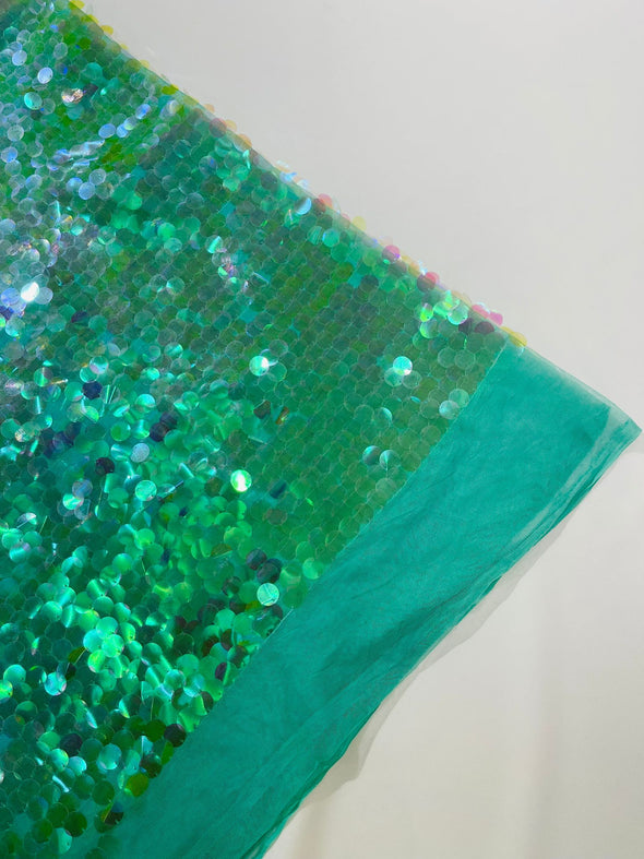 Clear Mint Green Iridescent Round Sequin Paillette On Mint Mesh Fabric/ 54 Inches Wide/Cosplays Fabric/Prom/Backdrops
