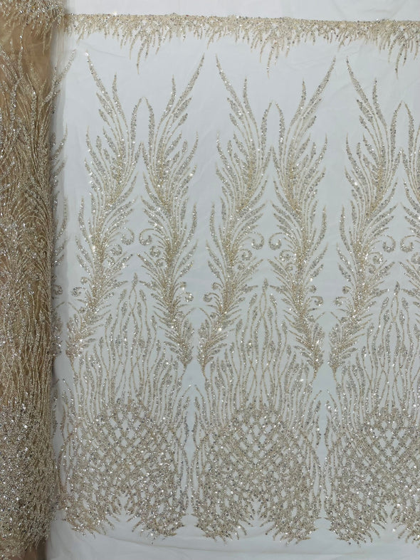 Clear Nude Feathers damask embroider and heavy beaded on a mesh lace fabric- Sold by the yard