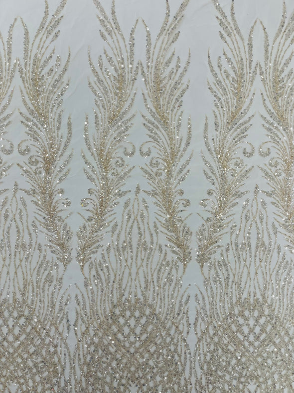 Clear Nude Feathers damask embroider and heavy beaded on a mesh lace fabric- Sold by the yard