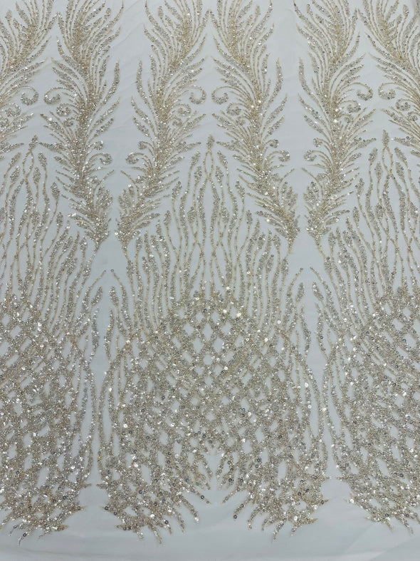 Clear Nude Feathers damask embroider and heavy beaded on a mesh lace fabric- Sold by the yard