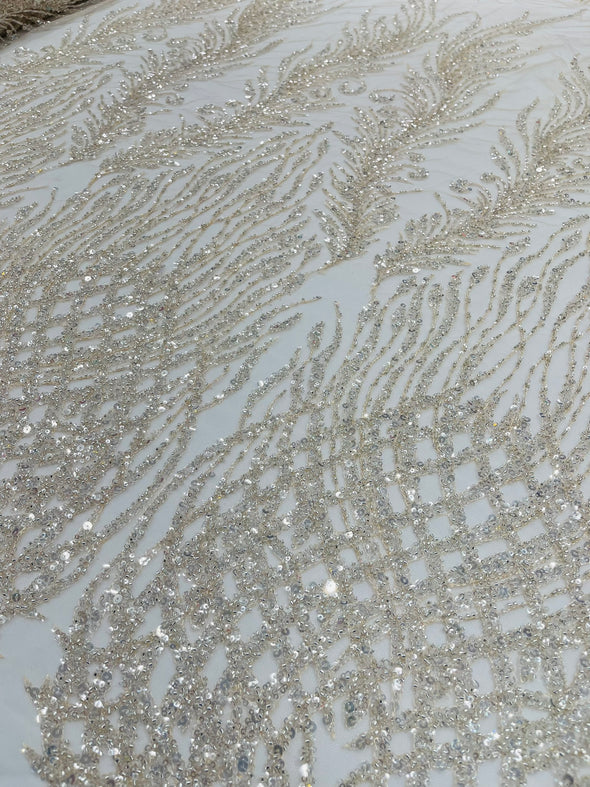 Clear Nude Feathers damask embroider and heavy beaded on a mesh lace fabric- Sold by the yard