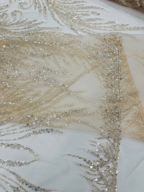 Clear Nude Feathers damask embroider and heavy beaded on a mesh lace fabric- Sold by the yard