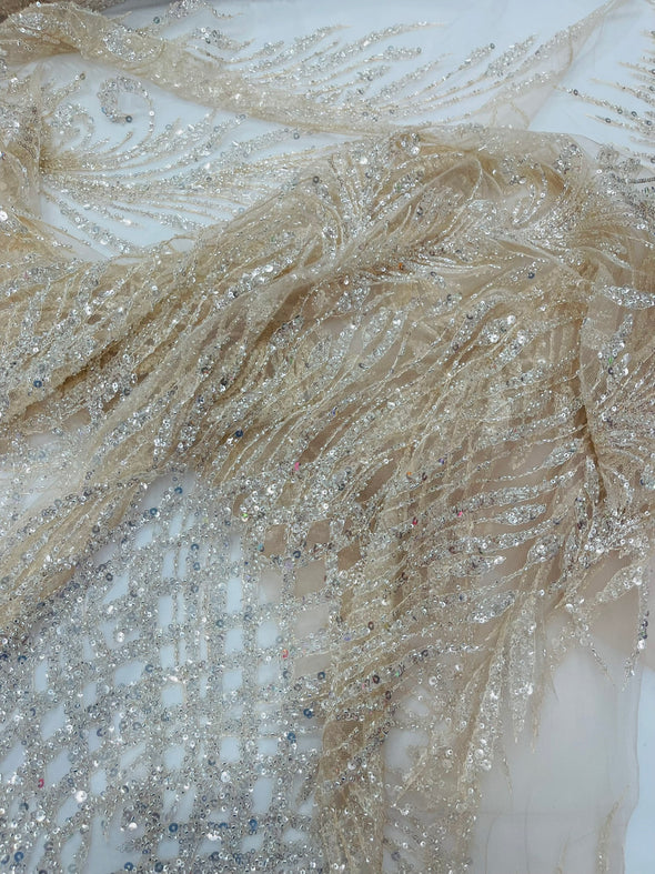 Clear Nude Feathers damask embroider and heavy beaded on a mesh lace fabric- Sold by the yard