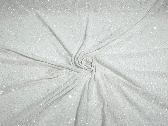 Clear-White 54" Stretch Velvet with Luxury Sequins All Over 5mm Shining Sequins 2-Way Stretch. Sold by the yard.